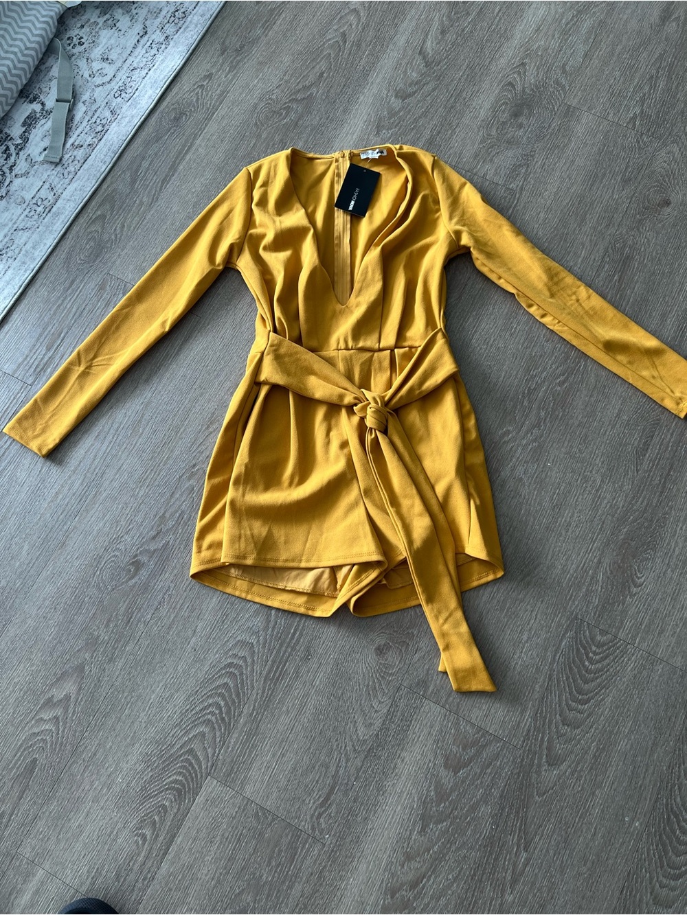 Fashion Nova Yellow Long-Sleeve Tie-Waist Romper